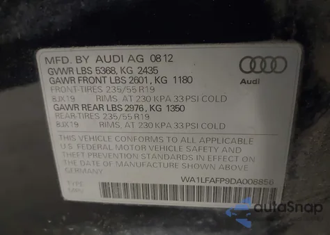 2013 Audi Q5 2.0T Premium из США, поврежденный, VIN WA1LFAFP9DA008856